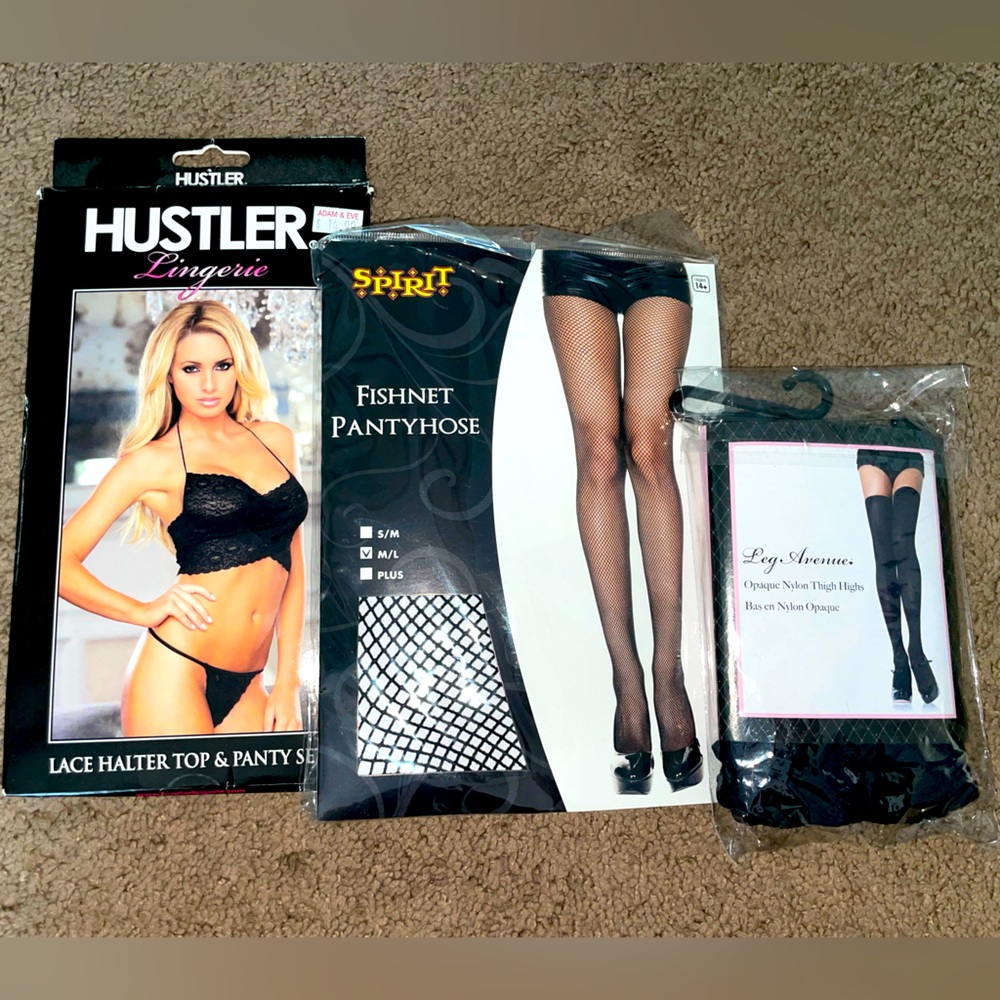 NWT Lingerie Set: Halter, Panty, Fishnet Pantyhose & Thigh High Tights - OS
